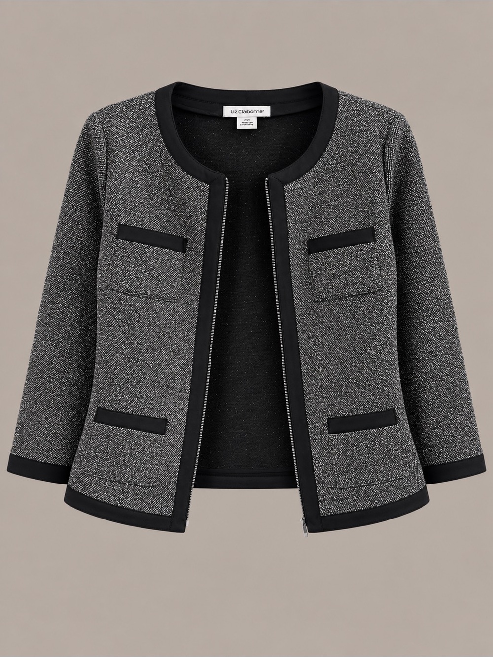 Liz Claiborne Black and Gray Tweed Open-Front Blazer